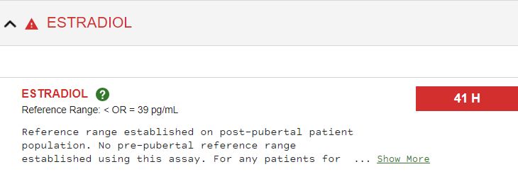 Screenshot of a blood test result for circulating estradiol. Estradiol level is above the reference range for an AMAB patient.