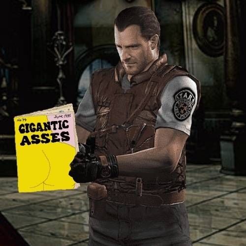 Barry (from Resident Evil) reading Gigantic Asses magazine (from The Simpsons)