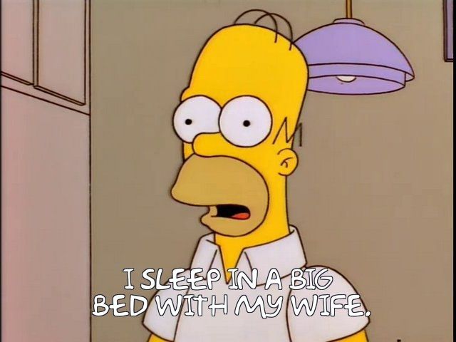 Homer Simpson saying: "I sleep in a big bed with my wife"