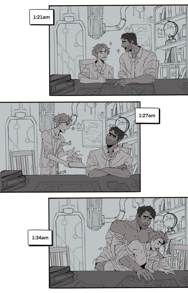 wip paneled comic - first panel says 1:21am with jayce and viktor in the lab, smiling over some blueprints. second panel says 1:27am and jayce and viktor are now arguing. third panel says 1:34am and jayce has viktor bent over the desk in some heated intercourse, the joke being that they waste no time in getting down to business hehe 