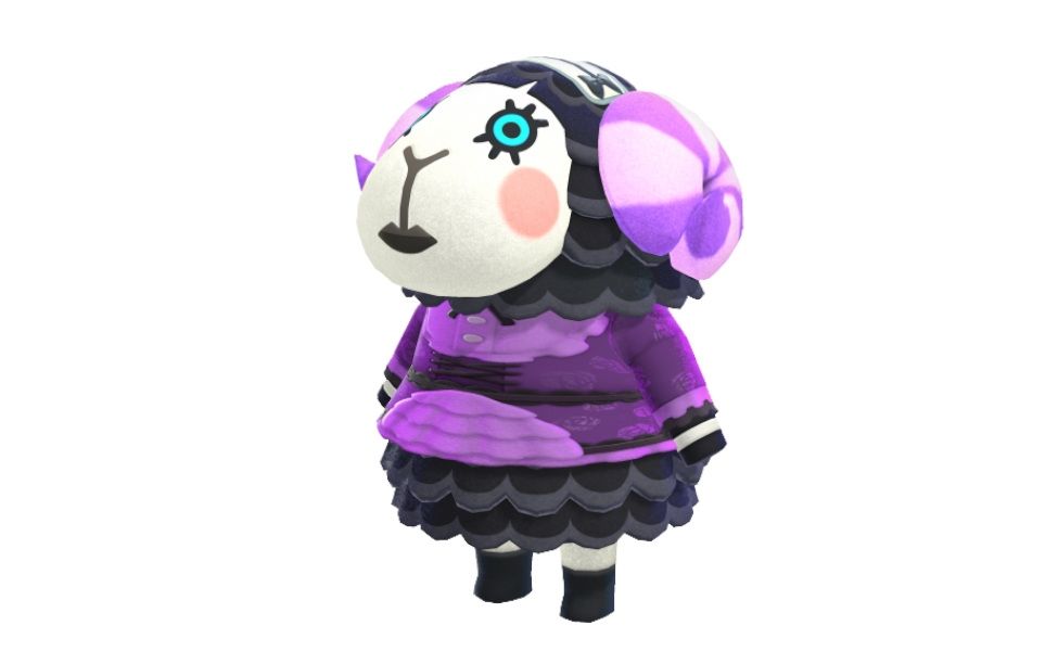 Muffy, a black sheep with purple horns wearing a purple lolita dress