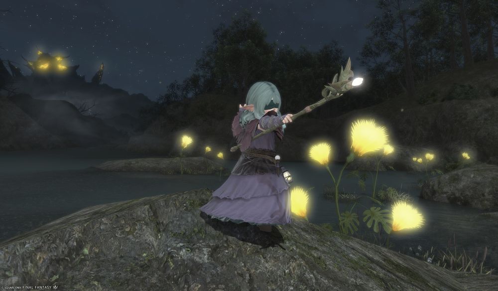 green-haired lalafell with hooves wearing tattered purple and green robes casting a spell in a swamp