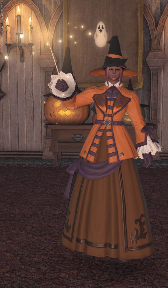 pink haired femroe in a witch hat and fancy dress casting a spell
