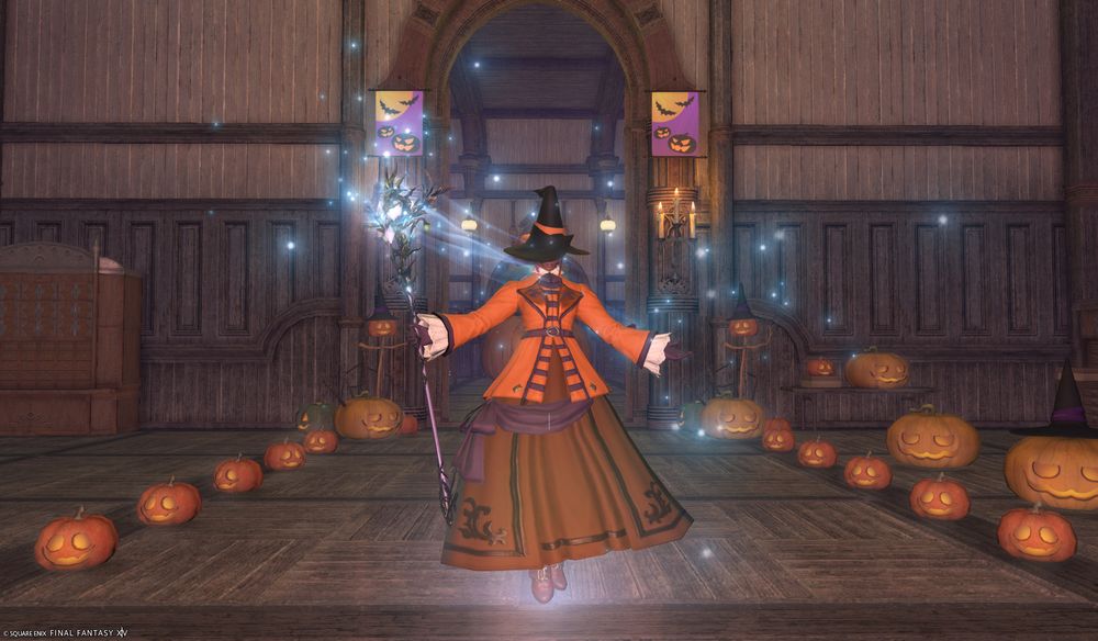 pink haired femroe in a witch hat and fancy dress casting a spell