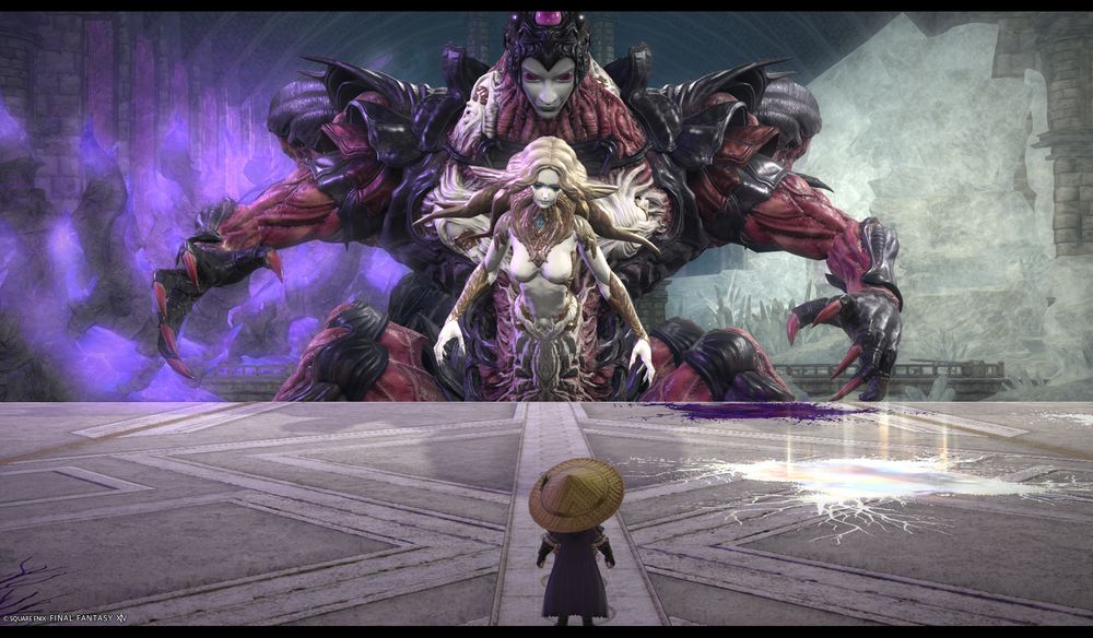 a lalafell dressed like Sherma from Silksong staring down Eminent Grief (which has a sin eater fused to it)