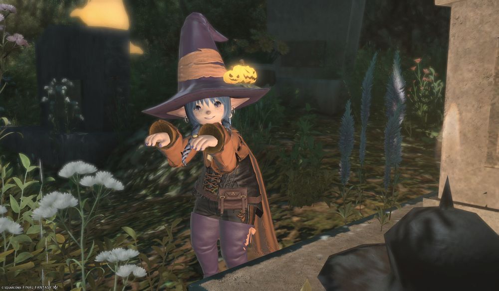 lalafell in a purple and orange witch-themed outfit doing mischief in a graveyard