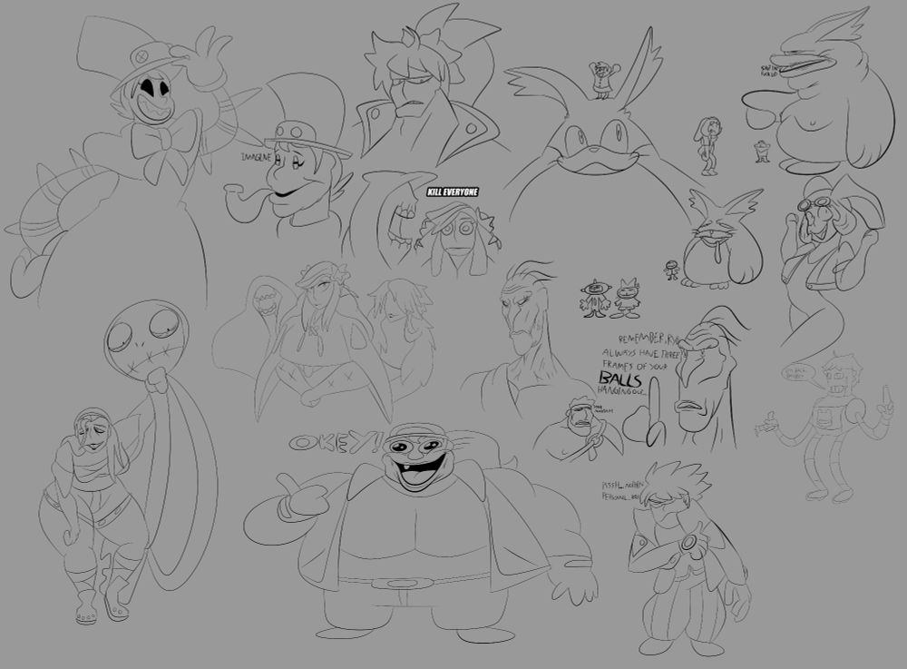 fighting game doodles futuring characters from waku waky 7, skullgirls, street fighter, guilty gear, king of fighters, and blazblue