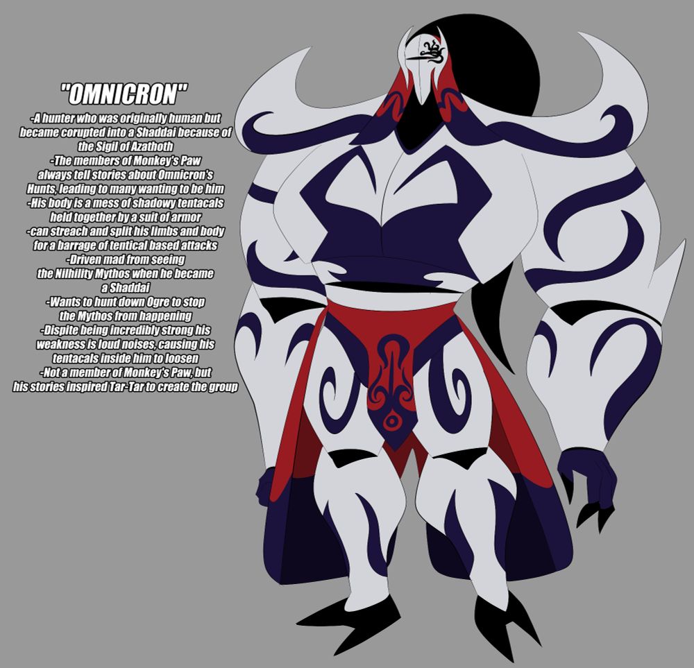 Omnicron: a towering silver and purple armored Shaddai who has a waist cape and a silver mask with cloth, on his mask is a painted on sigil of azathoth and you can see one of his eyes, he also has a shadowy tentacle poneytail