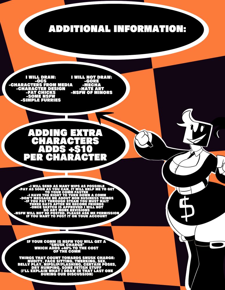 third part of the commission sheet talking about the addional information, talking about what i draw, pricing for more characters, how the process works, and the "snusk charge", more info in the image