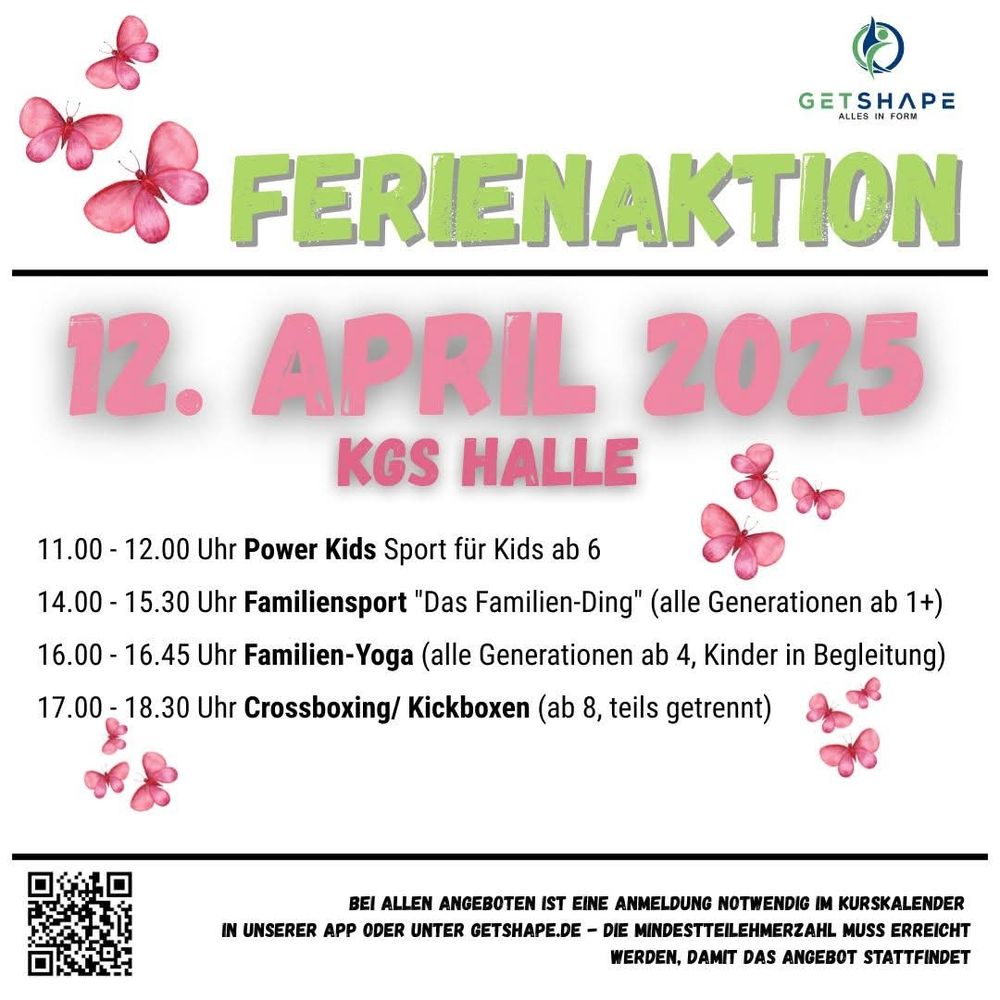 Bild mit Text Ferienaktion 13. April 2025 KGS Halle. Sport für alle Generationen von 11 bis 18.30 Uhr