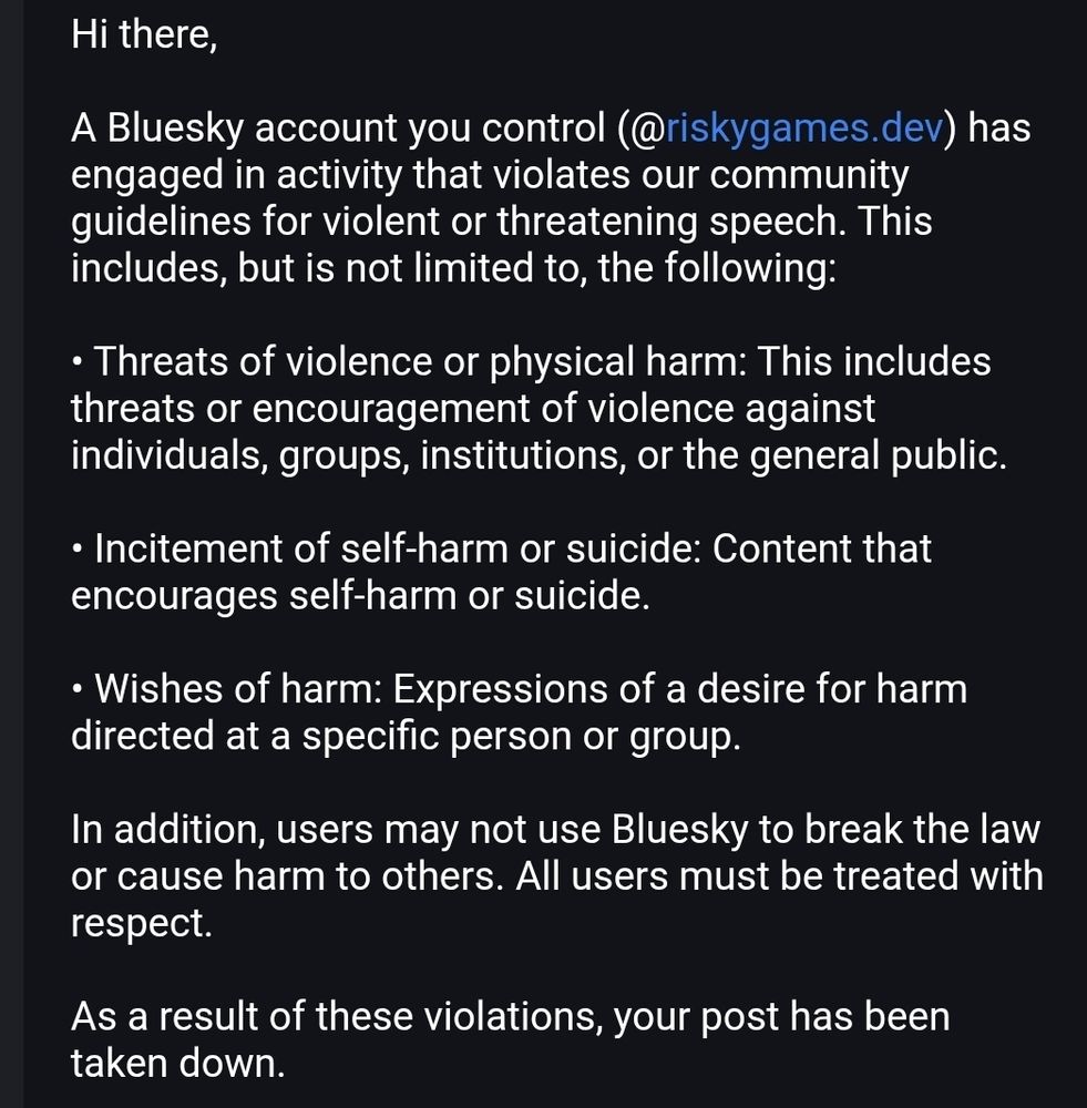 An one of two emails from bluesky warning me that my replies were deleted for violating the community guidelines