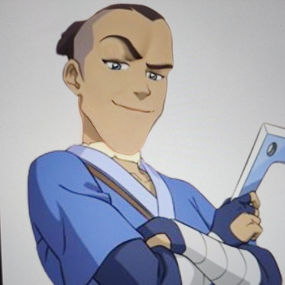 Ultra-low-definition screen-photo of Sokka from ATLA with his arms crossed, made to look extremely smug using a filter