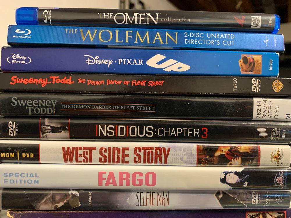The Omen Collection, The Wolfman (2010), and Up on Blu-Ray, and Sweeney Todd, Insidious: Chapter 3, West Side Story, Fargo, and Selfie Man on DVD