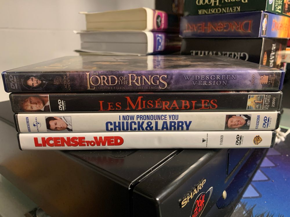 DVD copies of:

-The Lord of the Rings: The Return of the King
-Les Misérables
-I Now Pronounce You Chuck & Larry
-License to Wed