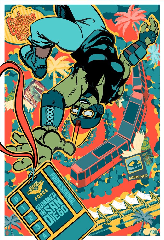 A Frankenstein woman falling through a vortex of San Diego landmarks 