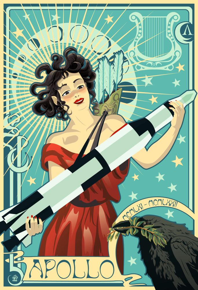 An art nouveau style image of a woman holding a Saturn V rocket while a raven holding a laurel branch looks on.