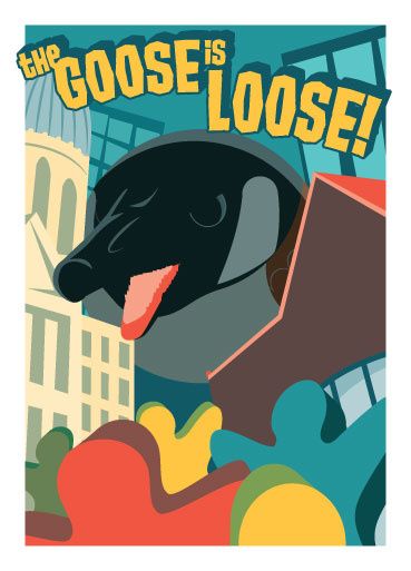 The Goose is Loose postcard featuring the Goose menacing a bunch of Meeples in downtown Indianapolis