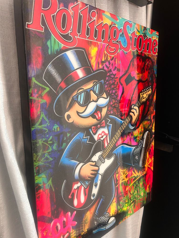 AI image of the monopoly man playing a guitar.