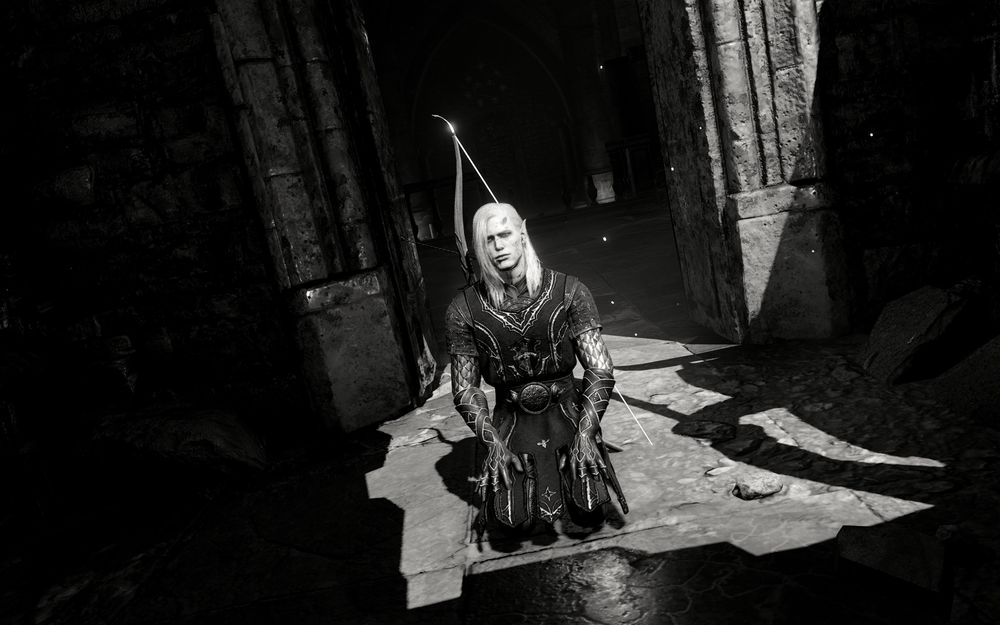 A high contrast b&w in game photo of my Durge, Gulmyr. He is a fair skinned drow elf. He is kneeling down and facing the camera with his hands on his knees in a patch of sunlight streaming in through a hole in the roof of the ruined temple of Selûne. His facial expression is that of guilt and hurt.