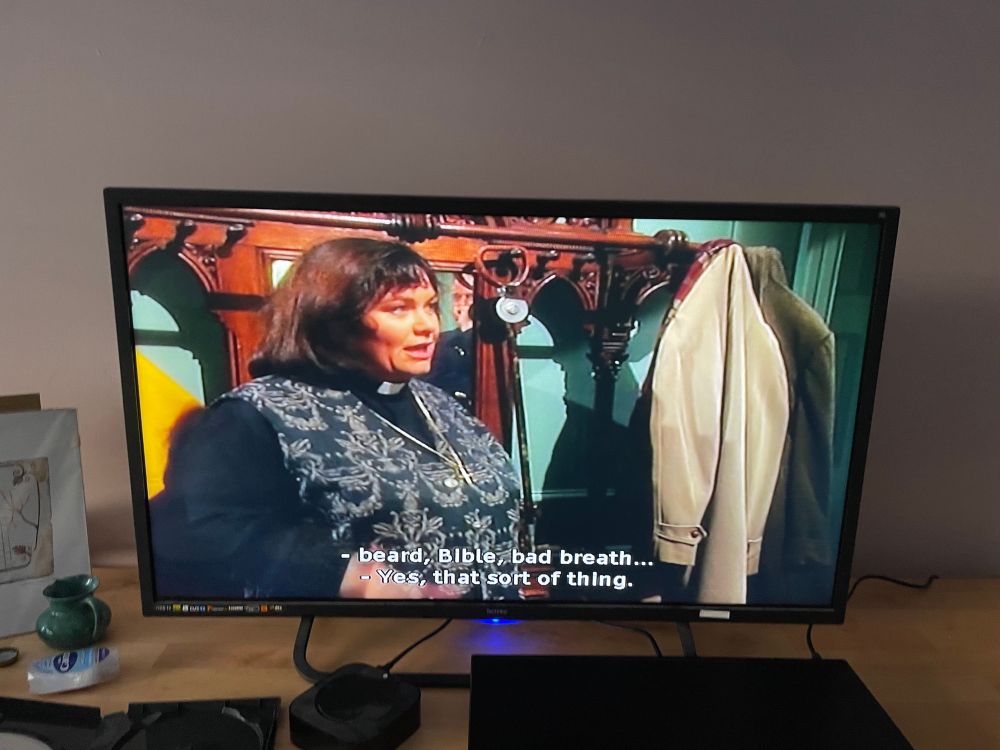 Geraldine says “… beard, bible, bad breath…”