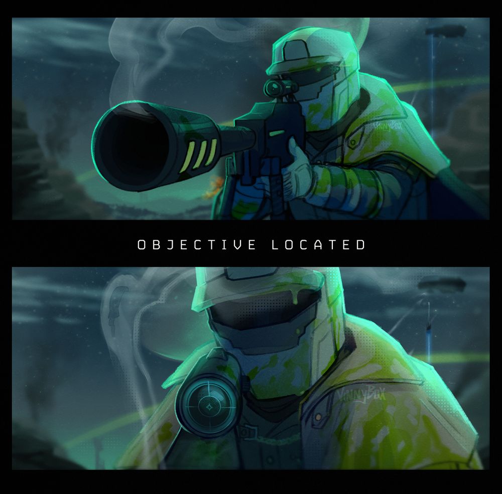 Digital drawing of a helldiver aiming his Anti-Material Rifle towards the viewer.

Second panels shows him lowering the Anti-Material Rifle.

Text between the two panel reads: Objective Located.