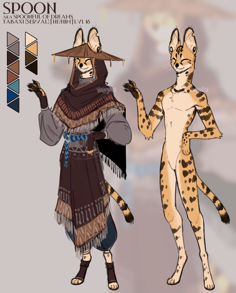 Digital art of a serval-inspired tabaxi of rogue class wearing layered clothing and a weaved straw hat. The character's name is Spoonful of Dreams or Spoon.
