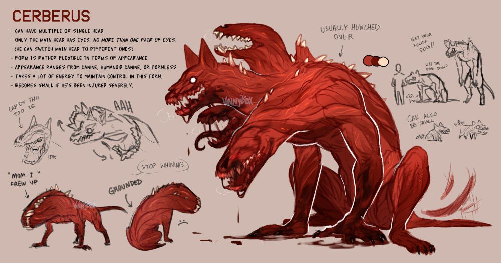 A digital drawing of a monstrous-looking canine with a fleshy exterior. It has multiple heads and sharp teeth that protrude on random spots of its body.

TEXT:
- Can have multiple or single head.
- Only the main head has eyes. No more than one pair of eyes.
  (He can switch his main head to a different one)
- Form is rather flexible in terms of appearance.
- Appearance ranges from canine, humanoid canine, or formless.
- Takes a lot of energy to maintain control in this form.
- Becomes small if he's been injured severely.