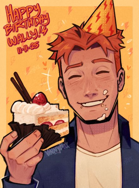 a bust drawing of Wally West with a party hat decorated in lightning bolt patterns. He's holding a strawberry shortcake with two pocky sticks poking out of it. Wally has some crumbs and frosting on his face as he smiles at the viewer.