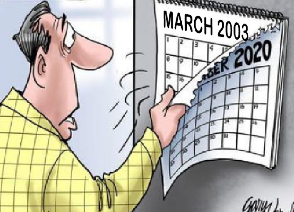 the meme of the guy ripping off a calendar to reveal "january 1984," except this time it says "march 2003"
