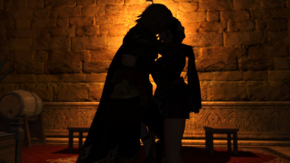 At an inn room in Thanalan, the silhouettes of Roxanne and Taele embrace, exchanging a passionate kiss in the dim lamplight.
