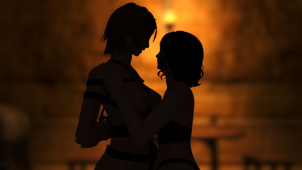 Taele lifts Roxanne to her feet, admiring her captive knight up close as they motion towards the bed.