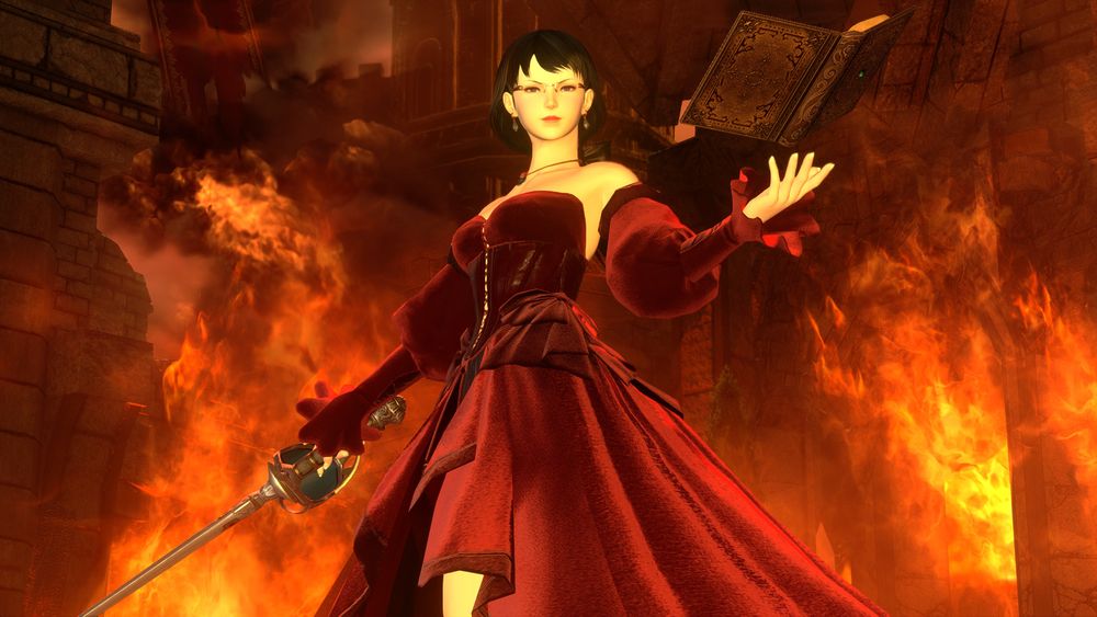 Ottoline standing before the flames of a crumbling castle, wielding a rapier and grimoire. Her face belies a look of satisfaction as the castle burns.