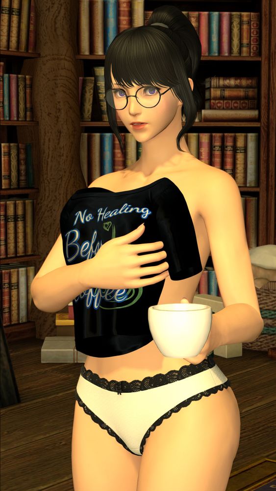 Ottoline looking surprised at the viewer, in her room in a state of undress like she's been caught unexpectedly. She's holding onto a T-shirt reading "No Healing Before Coffee" for modesty, while holding a cup in her other hand.