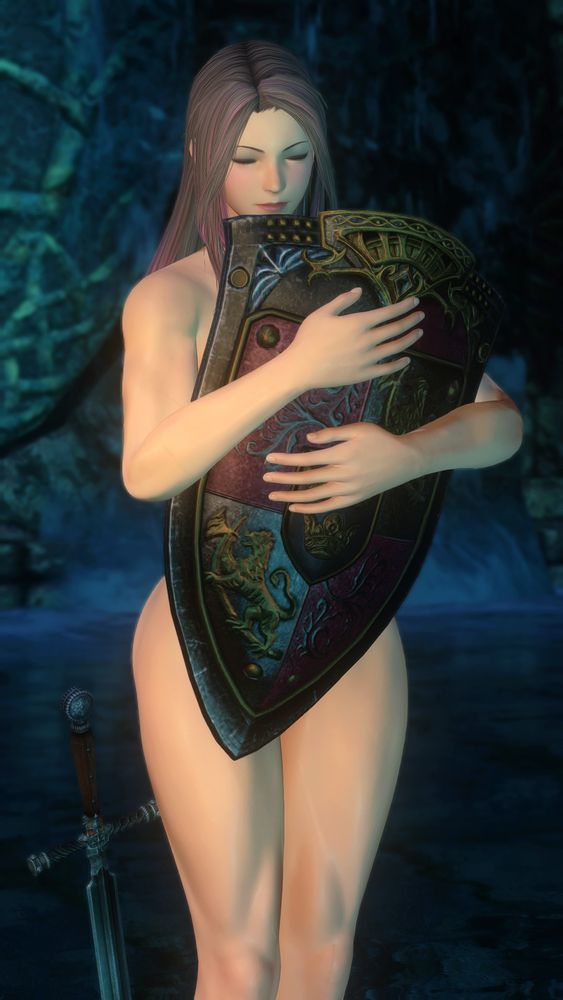 Roxanne standing nude, contemplative and clutching her shield in the waterlogged ruins of the Dravanian Hinterlands.
