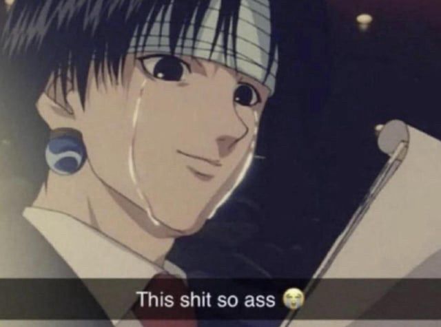 Anime guy reading a notebook with a Snapchat caption saying “This shit so ass 😭”