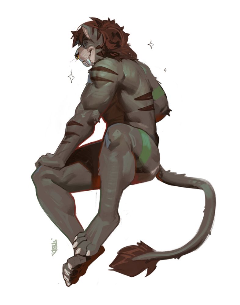 A digital drawing of Vector, a brown-furred brown-haired sabertooth cat. He's sitting and glancing back over his shoulder with a grin.