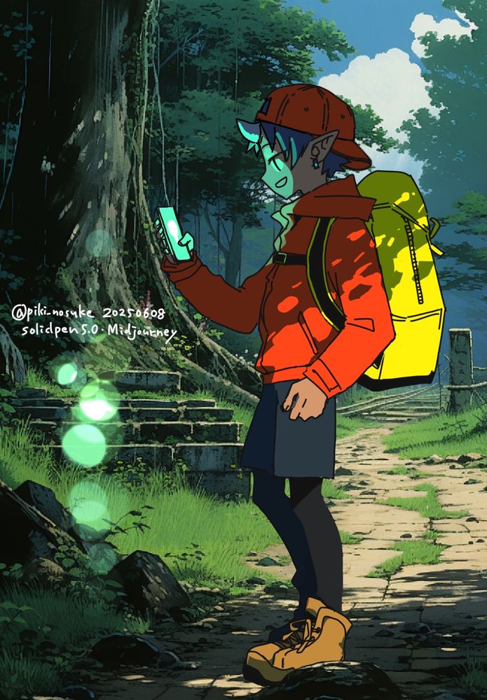 創作キャラ「葵」のイラスト。
山道のようなロケーションでスマホを眺めている。
背景にMidjourneyを使用。