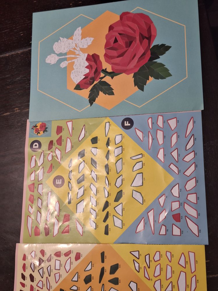 Besides some crochet and other crafts, she was doing paint by sticker. It's like paint by numbers with the feel of a puzzle. A painting of a rose with some white areas and another sheet with stickers that go in all the little places.