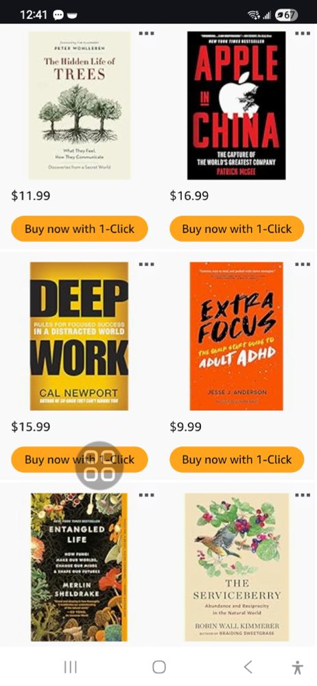 The Hidden Life of Trees, Apple in China, Deep Work, Extra Focus: the Quick Guide to Adult ADHD, Entangled Life, and The Serviceberry. Book covers from my wish list.