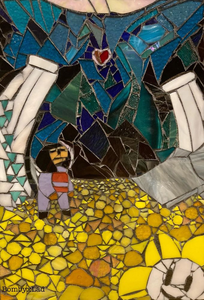 A glass mosaic of Frisk standing in UNDERTALE’s opening area: a bed of yellow flowers, surrounded by carved white columns and dark stalactites. Above them is their SOUL, red and glowing. Above that, light shines in from Mt. Ebott’s ceiling entrance. Flowey peeks up from the bottom right corner, smiling. 