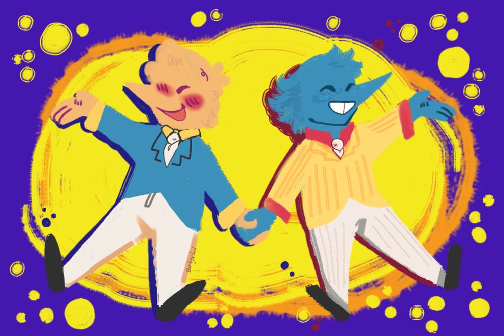 [ID: Digital painting. Two Addisons, birdlike humanoid creatures, jubilantly hold hands and jump upwards. One is blue, one is orange. Both wear dress shoes and white ties. The background is a yellow splotch on blue. end ID] 