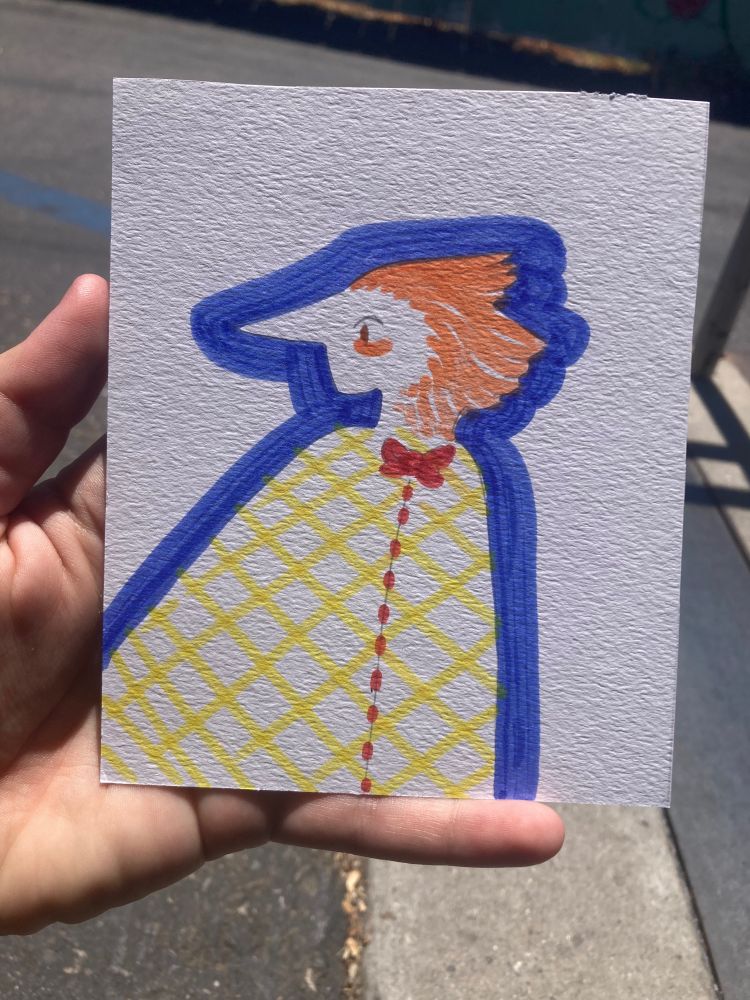 Marker drawing of an orange Addison in a bowtie, a birdlike salesperson 