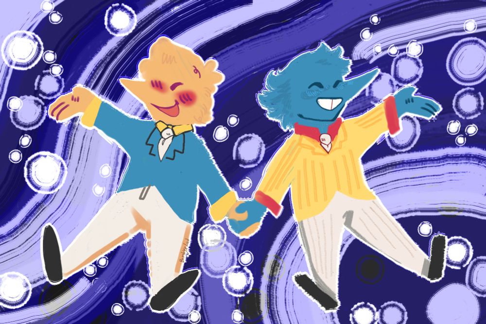 same drawing, but the background is swirling blues like soap suds