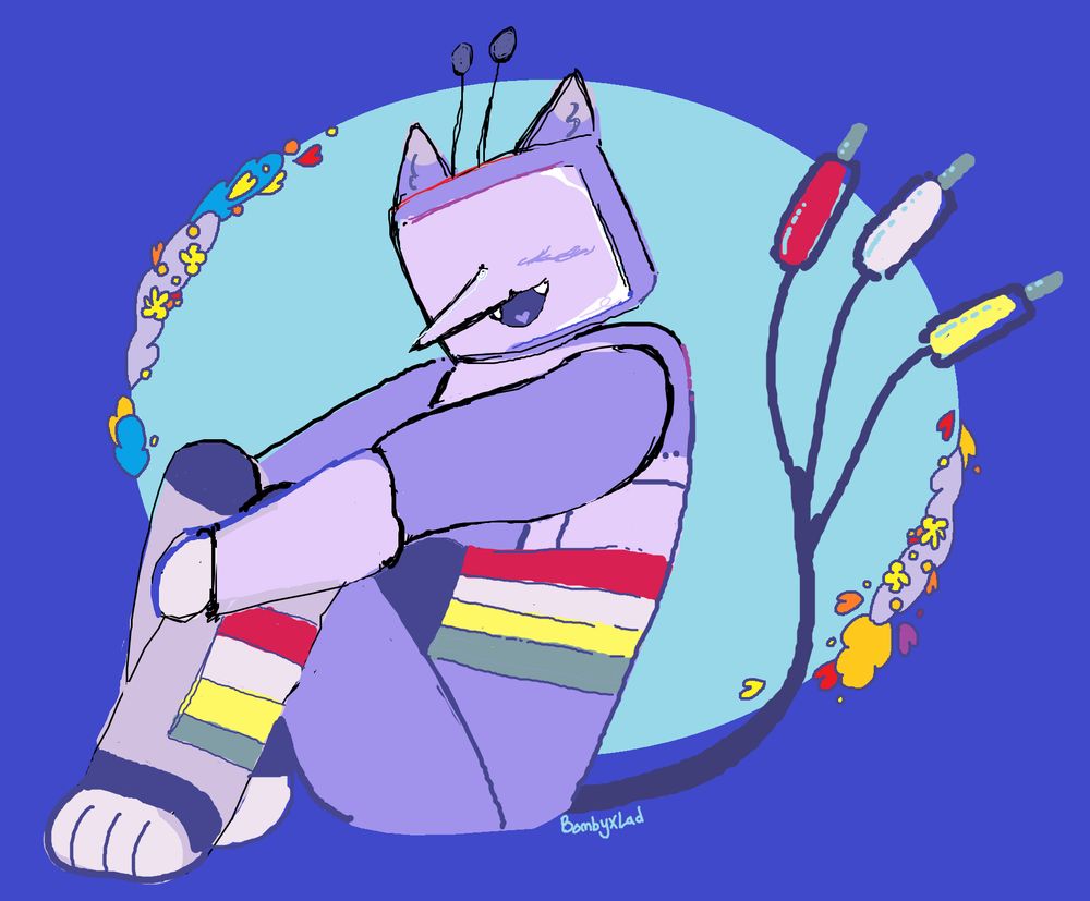 [ID: Digital doodle of a robot anthro, like a cat with a TV head. He sits joyously, smiling wide, holding his knees to his chest. His tail is AV cables. end ID] 