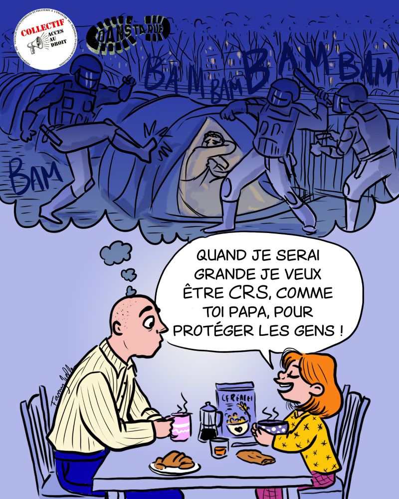 Illustration d'une scène de violences policières par Fanny Vella pour le CAD