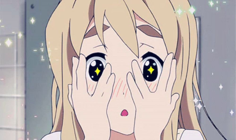 a blonde anime girl covering her eyes with her hands and a surprised look on her face