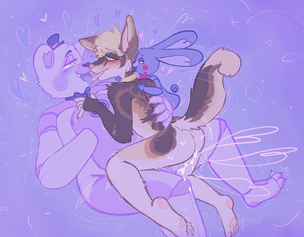 Nsfw art of Funtime Freddy sitting down to the left hand side of the image with Lucas sitting on top of him and riding him. Funfred and Lucas' tongues are touching while they kiss and make direct eye contact with one another. Both their cheeks are tinted, Lucas' in red and Funfred's in blue. Funfred has his left hand around Lucas's waist, nails out, pulling him close as he digs his nails in and leave small implied scratches behind. Lucas' visible hand (left) is playing with Funfred's bow tie. Bon Bon is on Lucas' right shoulder, hugging Lucas' back with his left hand and holding onto the front Lucas' neck with his right hand. Bon Bon has speech bubbles, implying him sweet (or dirty) talking Lucas while he rides Funfred. Cum spills and drips from where Lucas and Funfred are connected. All characters are on a pastel purple bg surrounded by many hearts and sparkles 💜✨️