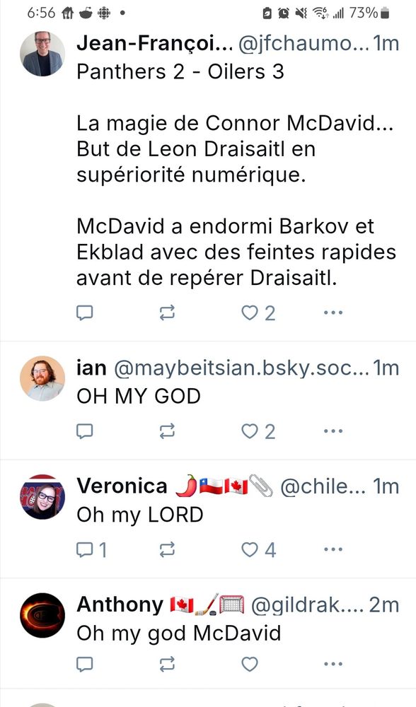Screenshot of my Bluesky hockey feed after McDavid sets up Draisaitl. Everyone says variations on "Oh my God"