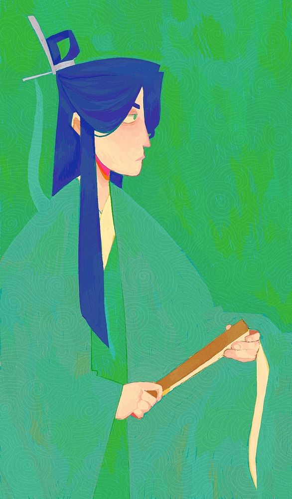 shen jiu/shen qingqiu on a green background holding a fan 
