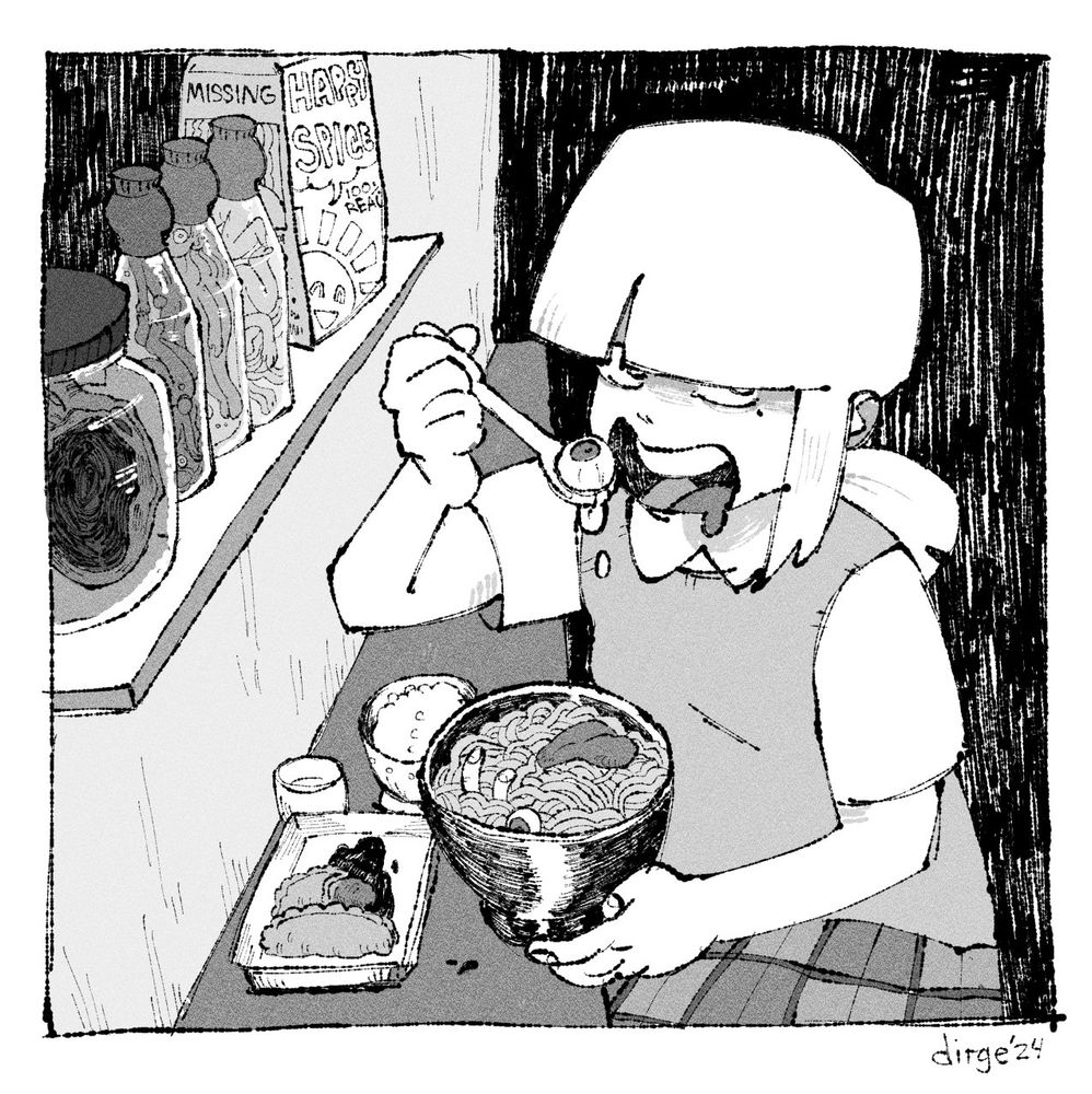 yara eating ramen, but there's a tongue, fingers, and an eyeball in it